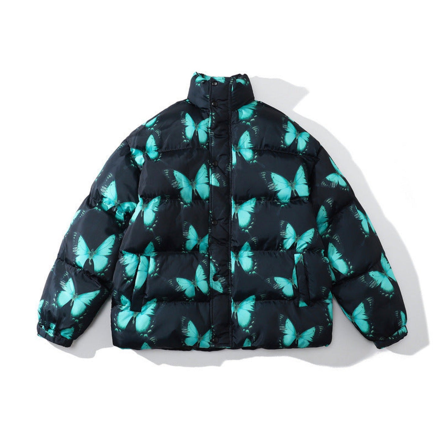 Men's padded winter jacket in black with bold blue butterfly graphic prints - front view