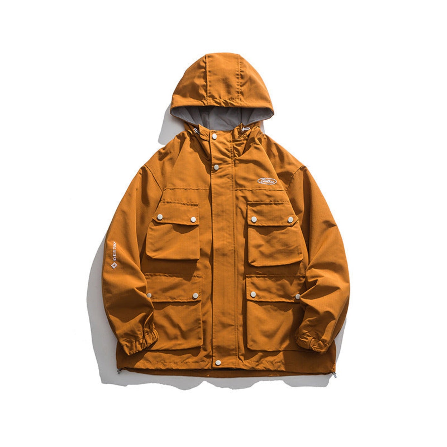 Vibrant orange Japanese Tooling-Style Outdoor Jacket with patch pockets and hood