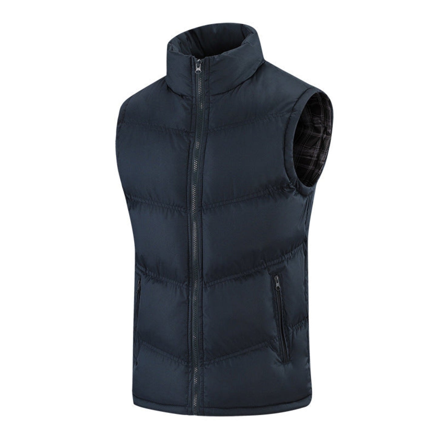 Front view of Dark Blue men’s winter vest with stand-up collar and zipper details