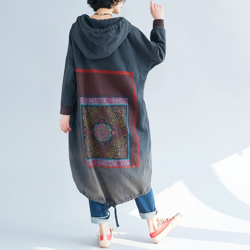 Hooded Sweater Loose Printed Long Dress Gradient Color