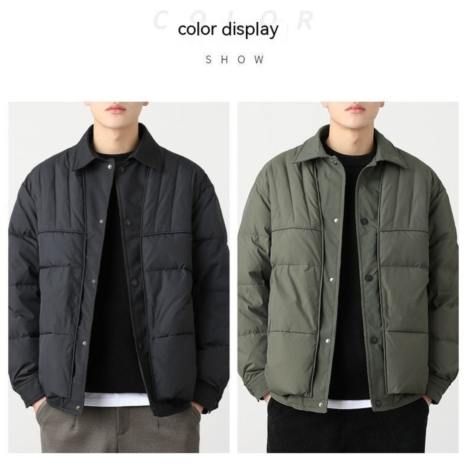 Side-by-side display of men's black and Army green quilted jackets for comparison.