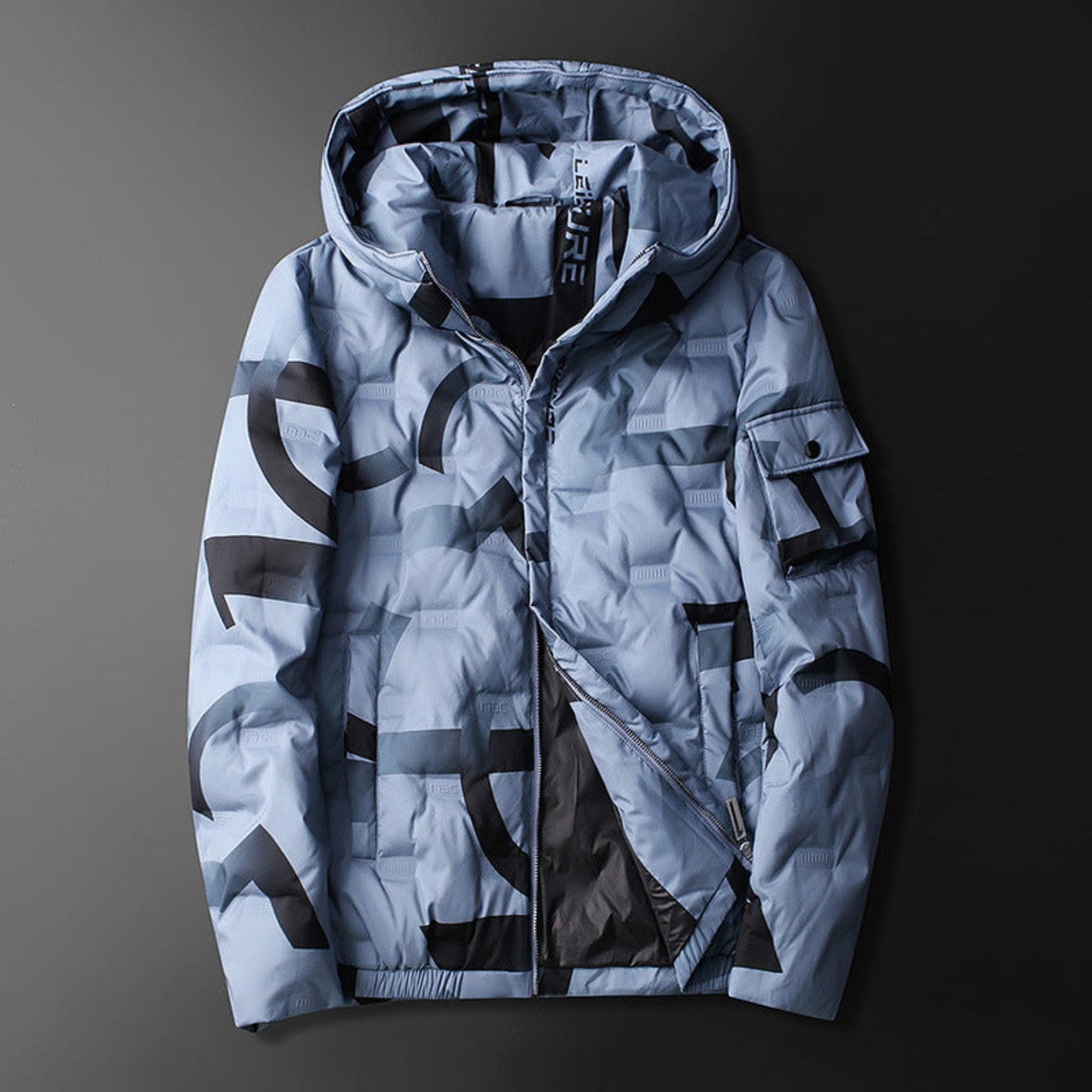 Blue abstract pattern hooded down jacket with inner lining, stylish winter design