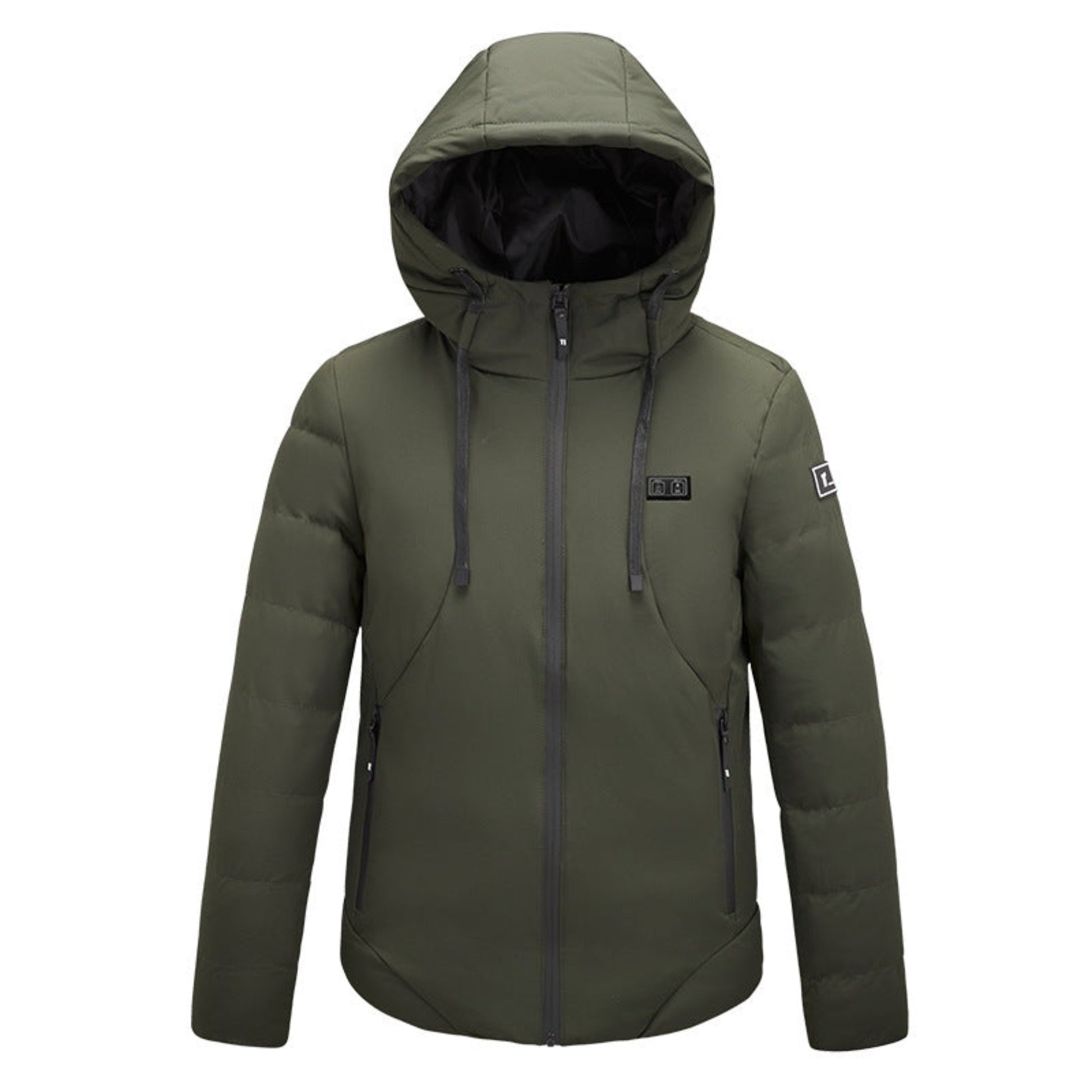 Army green jacket front view with a hooded design for modern aesthetics.