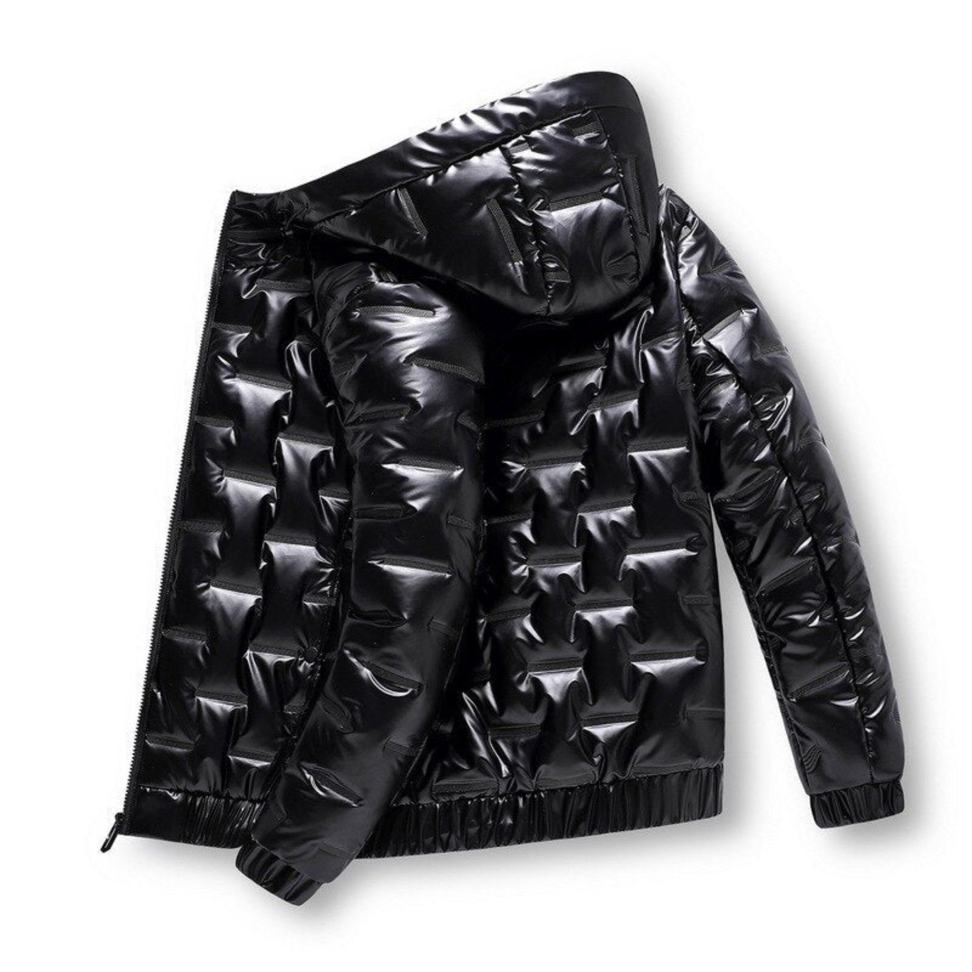 Black jacket displayed with a focus on the back panel, highlighting the geometric design.