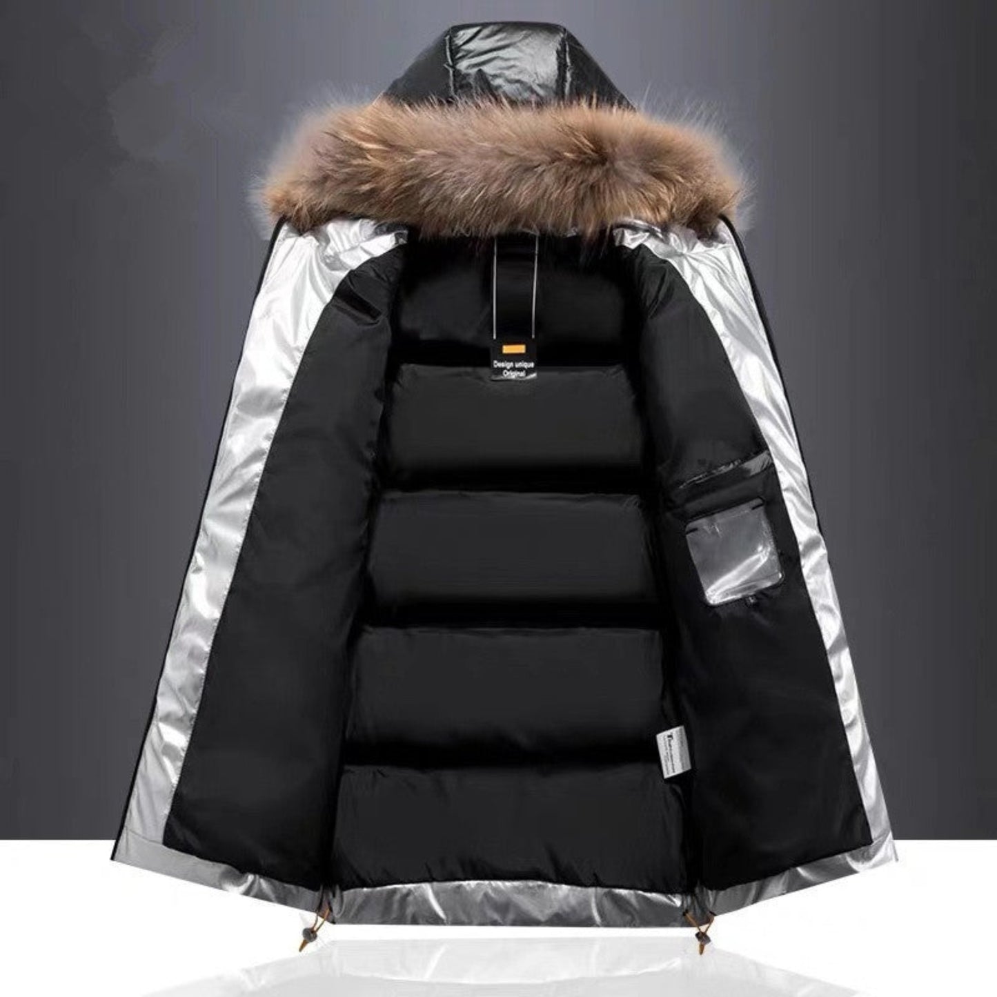 Men's Insulated Jacket - Open Hood View in Black with Fur Collar