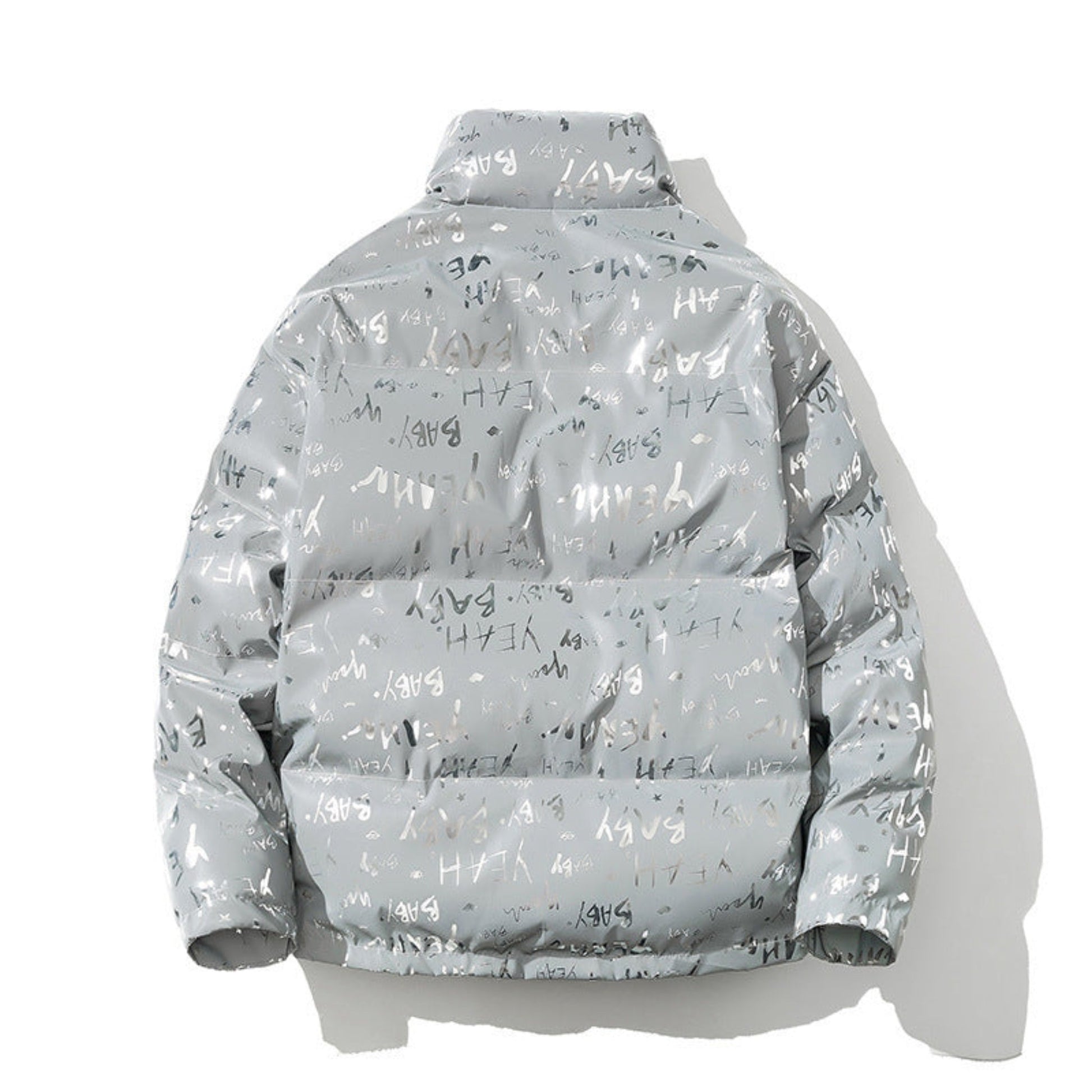 Back view of the silver reflective puffer jacket showcasing full reflective material.