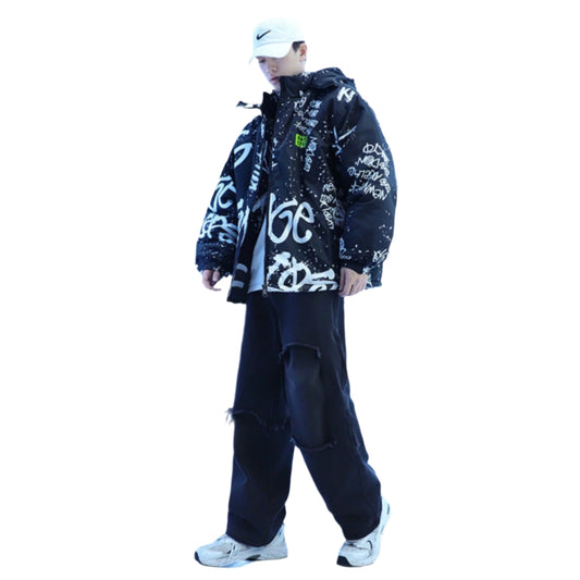 Splash ink graffiti men’s padded jacket with hood