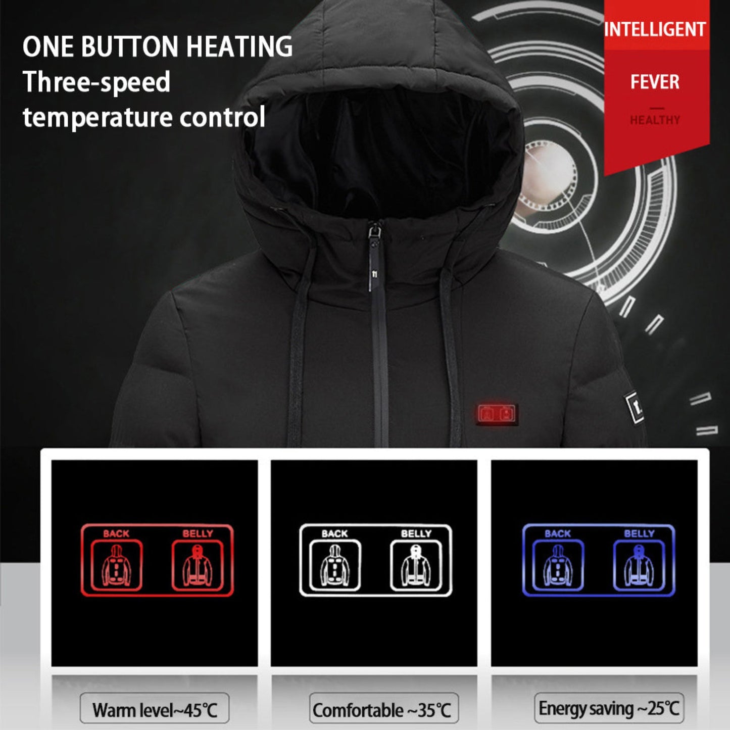 Heating control display with three adjustable levels for warmth and energy saving.