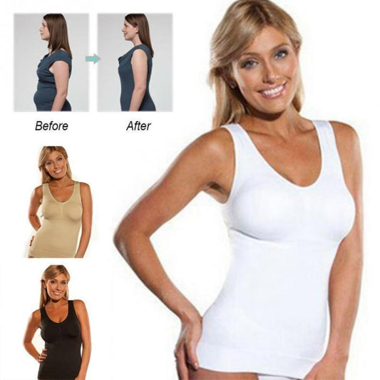 Slim-fit cami shaper tank top with body sculpting design in khaki, black, and white