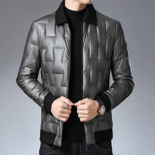 Front view of Men's Casual Down Jacket in Silver Grey with a quilted pattern