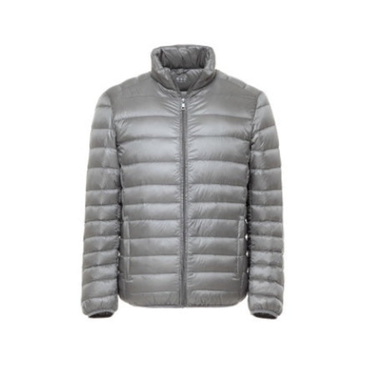 Front view of a lightweight grey puffer jacket with a high collar.