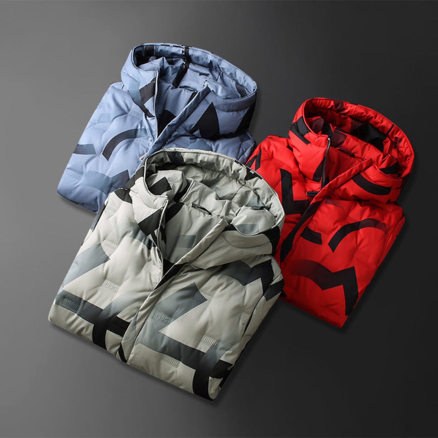 Men’s hooded down jackets in Khaki, blue, and red abstract patterns, multiple color options