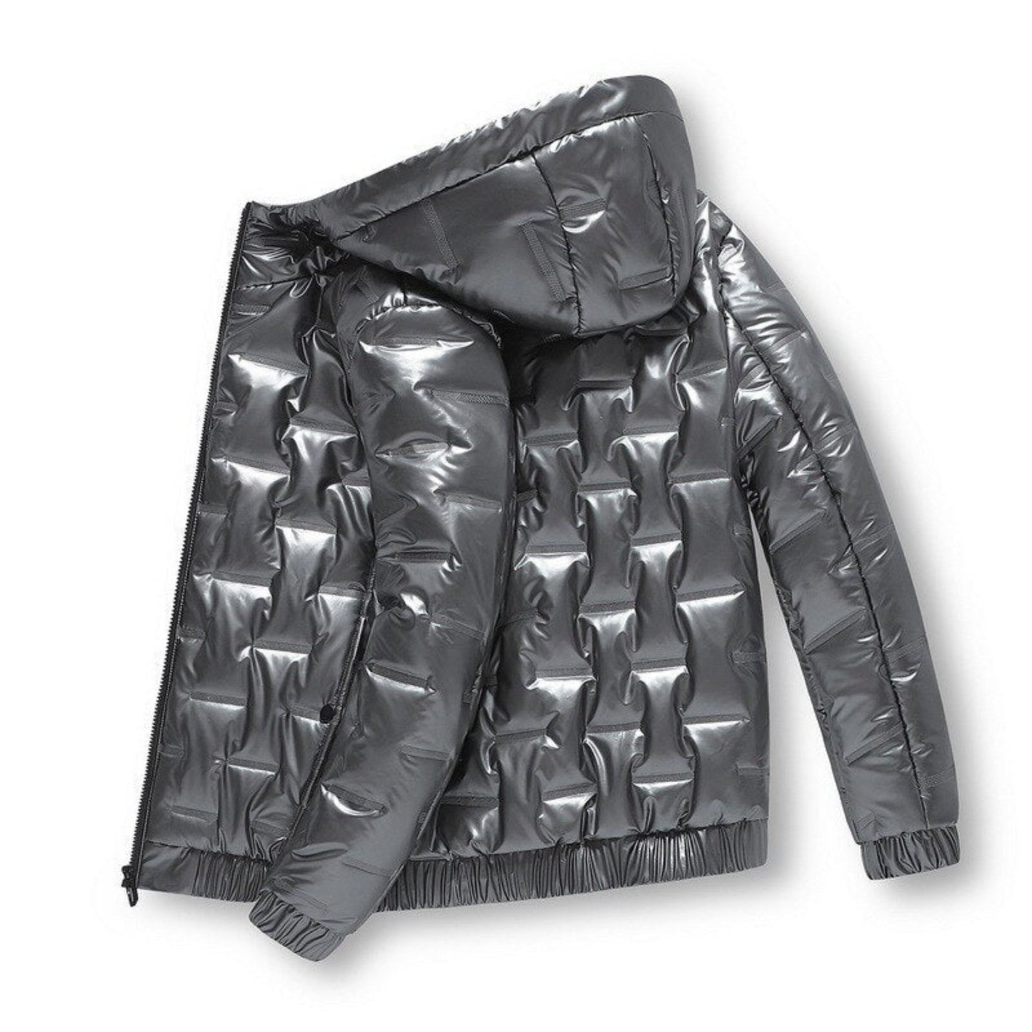 Silver grey jacket displayed with a focus on the back panel, highlighting the geometric design.