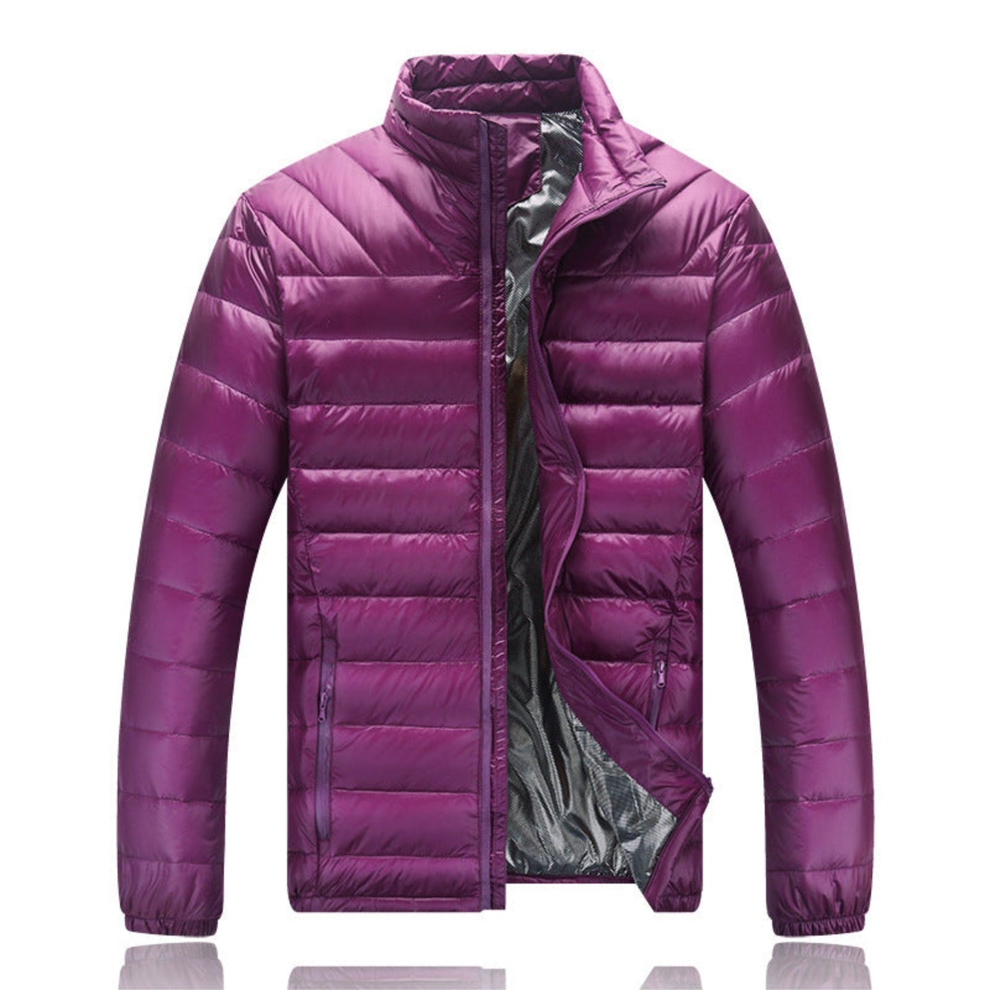 A lightweight purple puffer jacket with an open zipper revealing the inner lining.