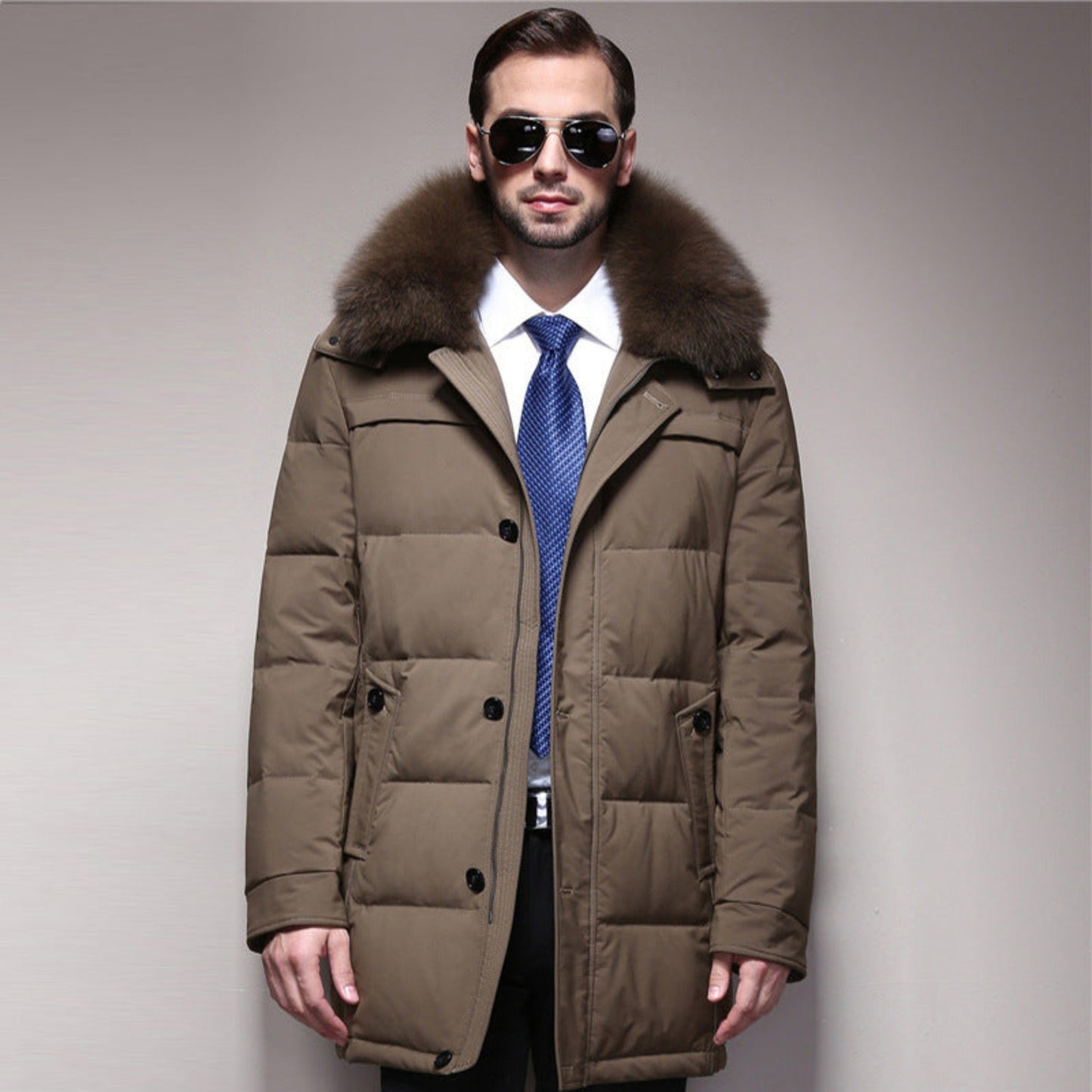 Men's Classic Winter Down Jacket - Khaki Color Front View with Sunglasses"