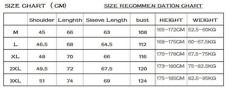 Size chart detailing dimensions for M to XXXL.