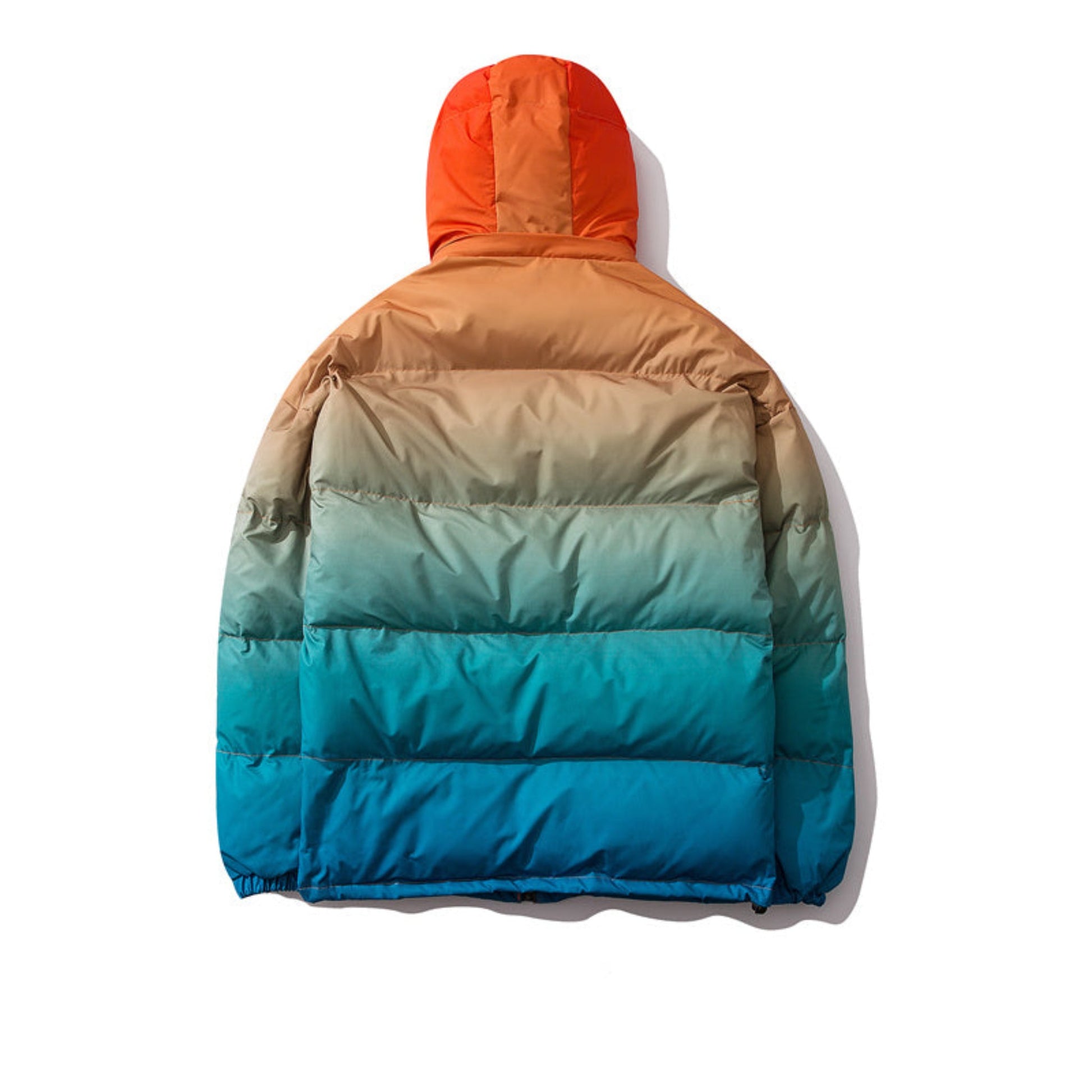 Back view of orange to blue gradient hooded winter coat showcasing color transition