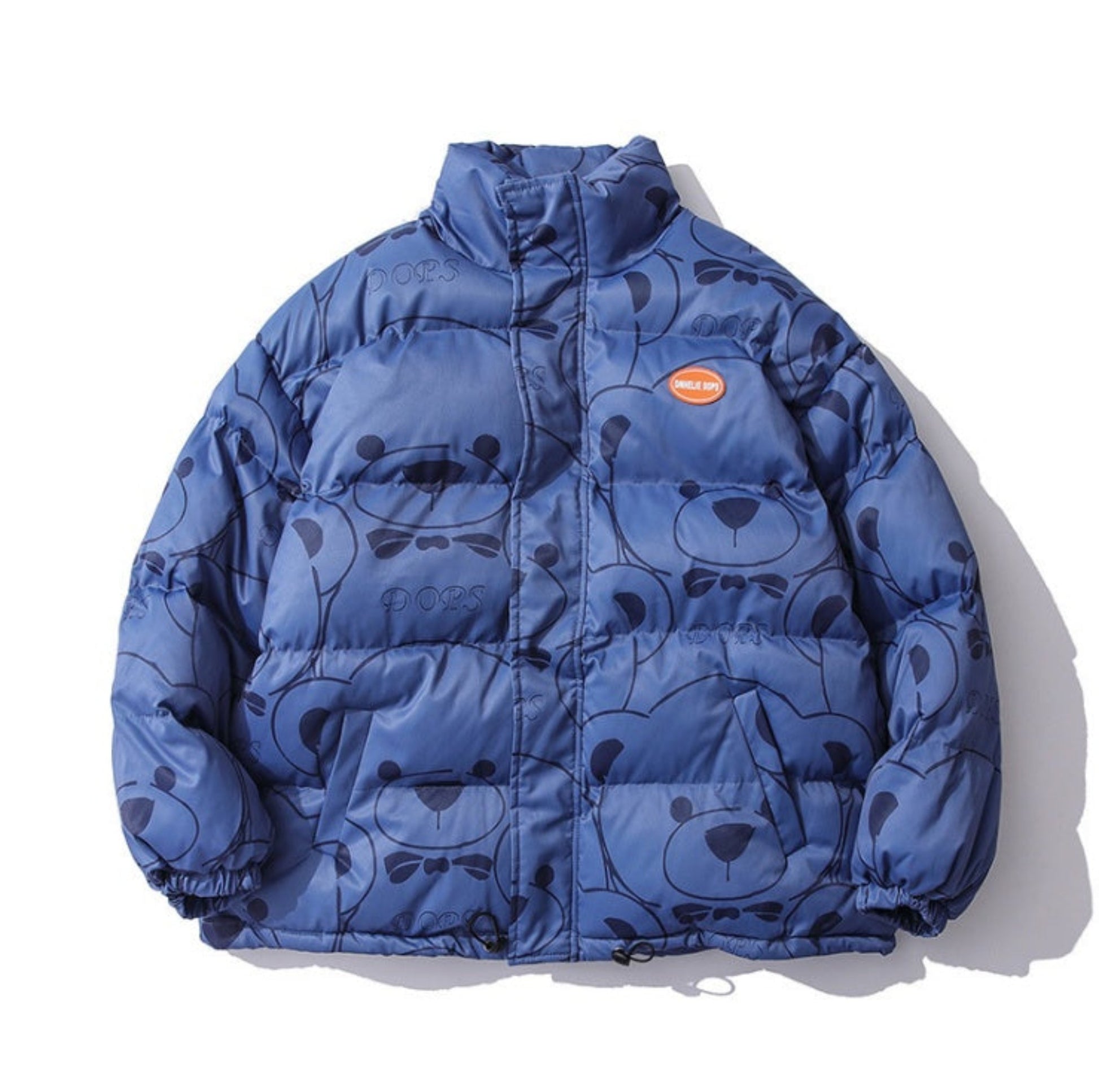 Blue Bear Pattern Puffer Jacket - Front View with Fun Design