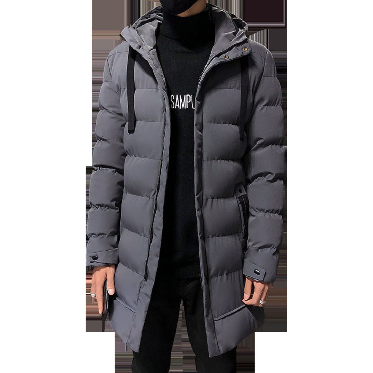 Full-length view of the gray puffer jacket, emphasizing the mid-length cut.