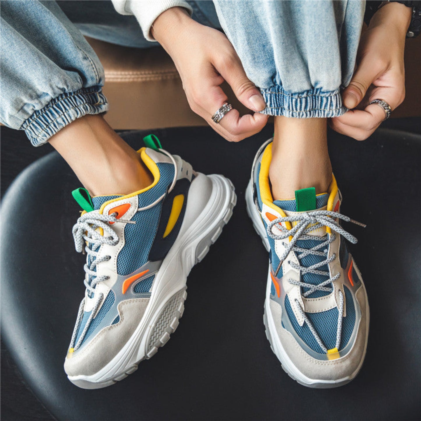 Chaussures basses en maille à semelle épaisse et à blocage de couleur pour hommes