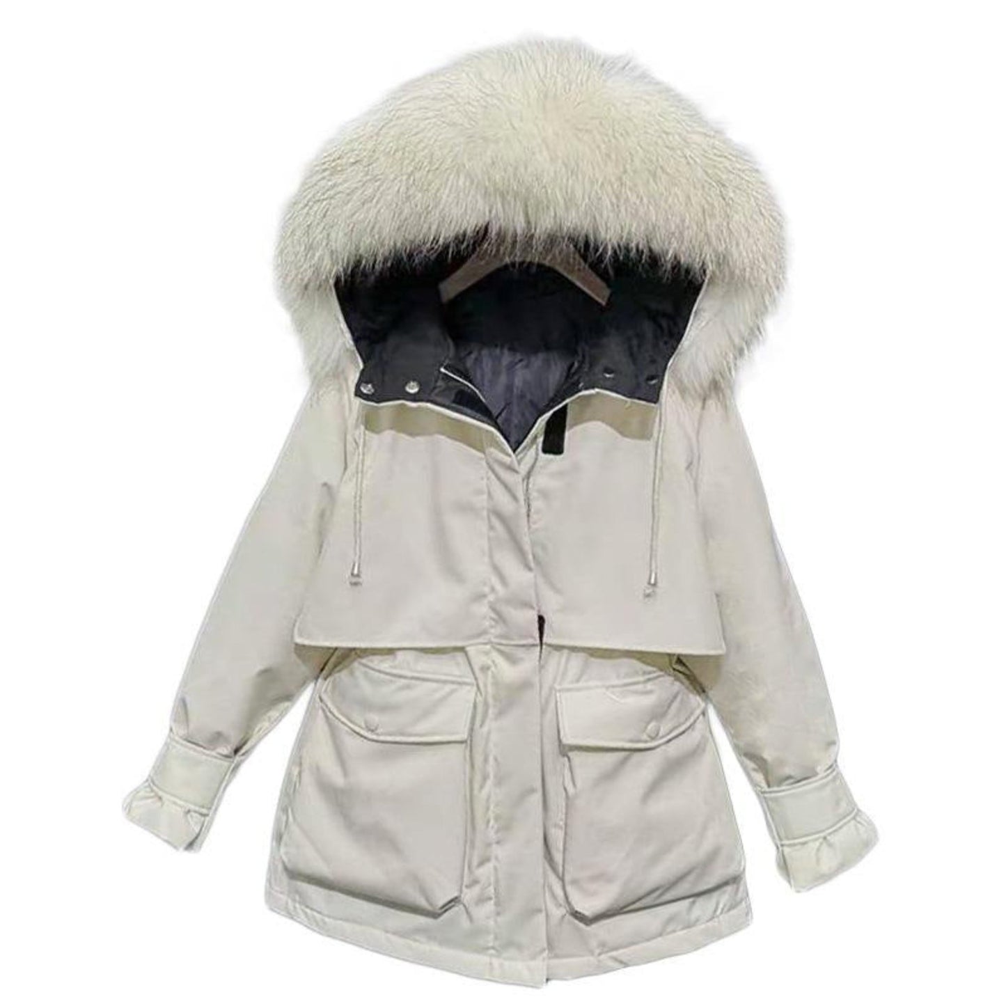 Close-up view of a women’s white fur-collar winter jacket, showing the detachable fur hood and stylish stitching.