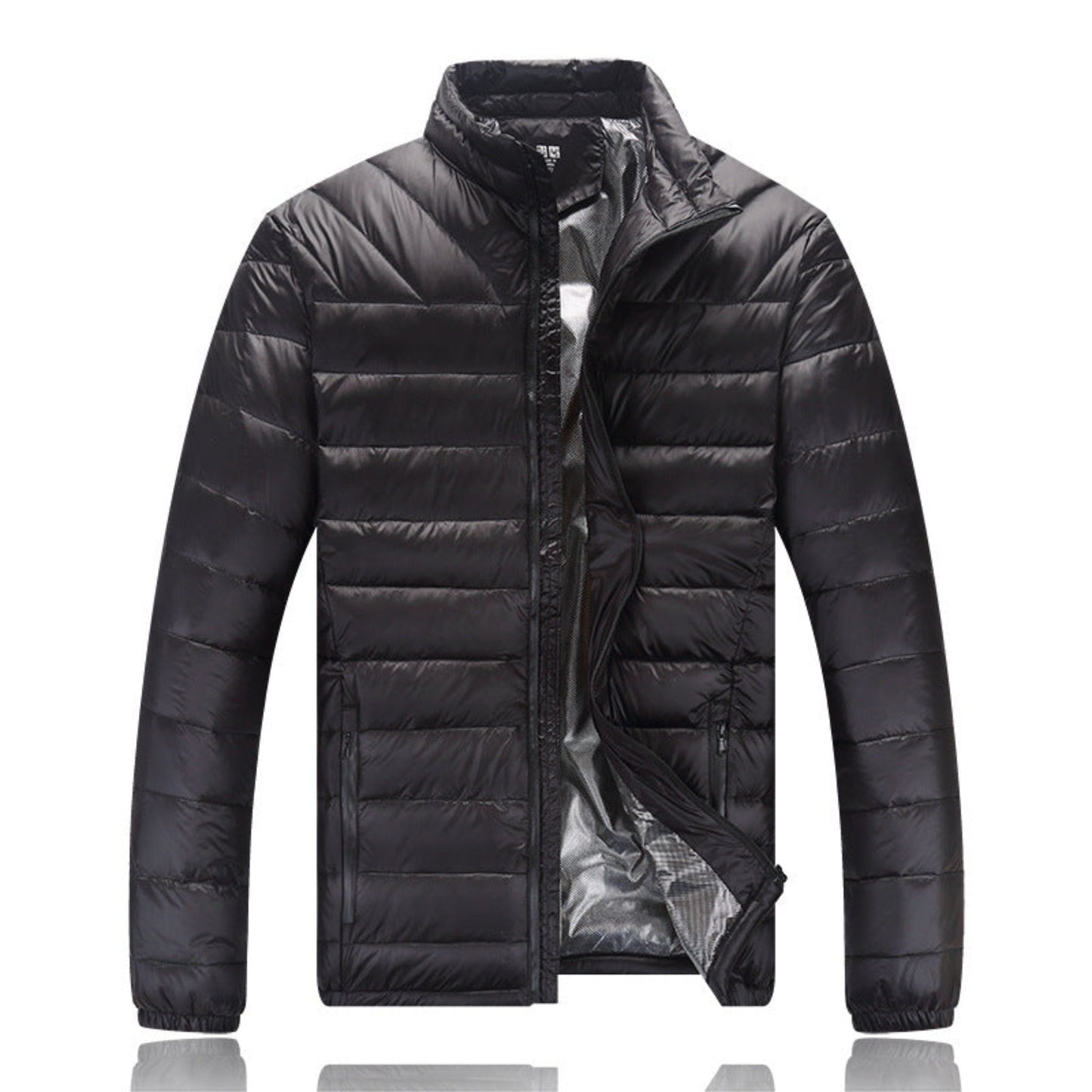 Front view of a lightweight black puffer jacket with an open zipper revealing the inner lining.