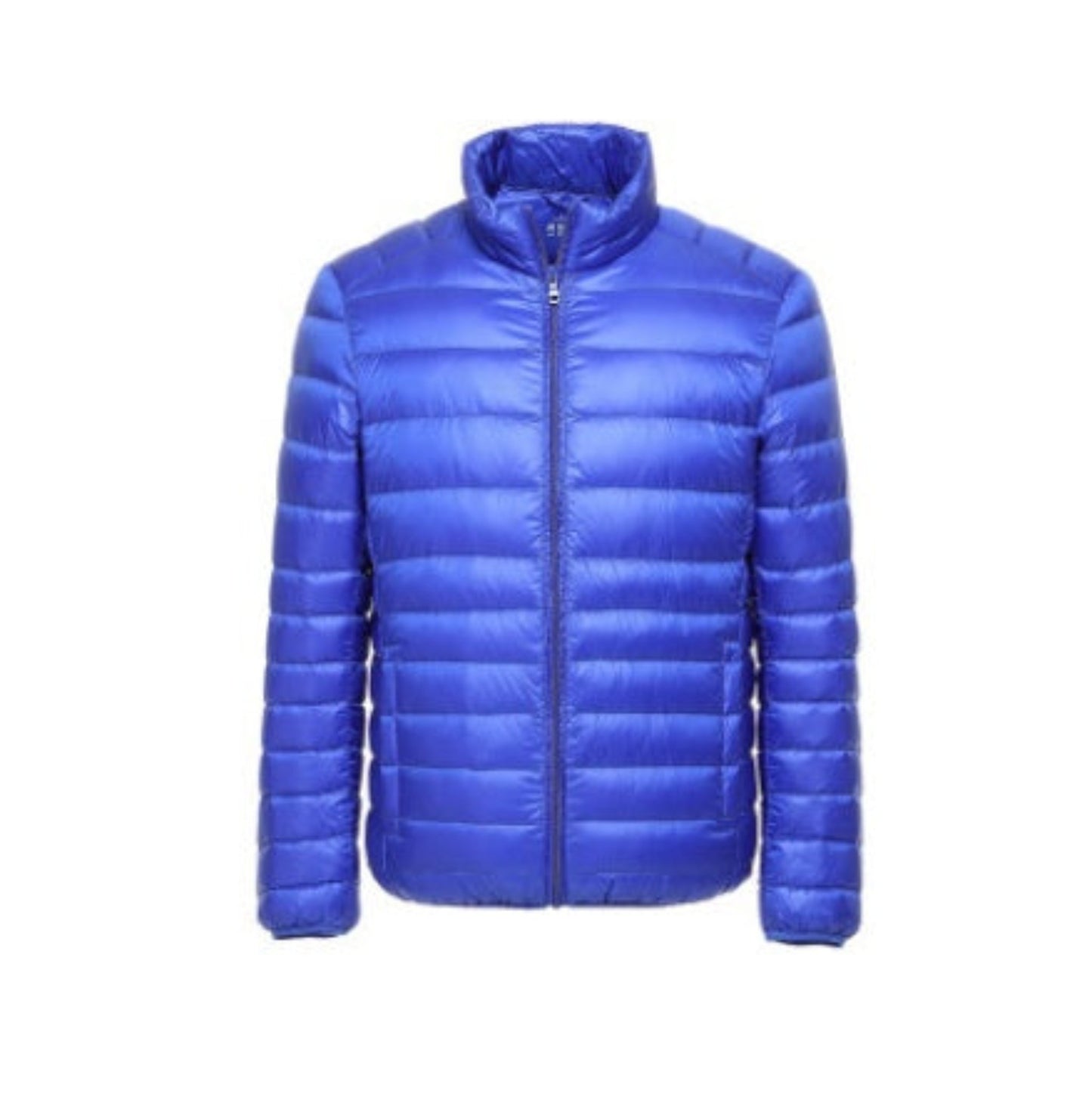 Front view of a lightweight royal blue puffer jacket with a sleek and minimalistic design.