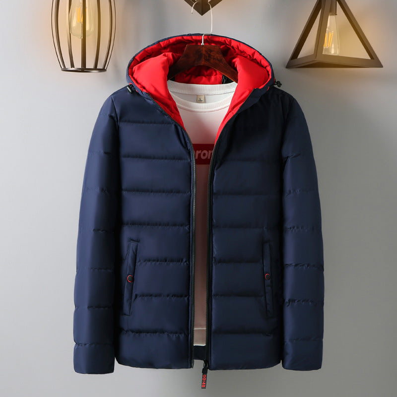 Front view of the blue casual cotton jacket displayed on a hanger 