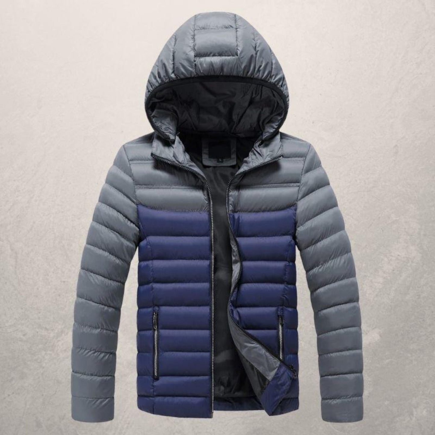 Blue hooded winter jacket with an open zipper and a modern padded look.