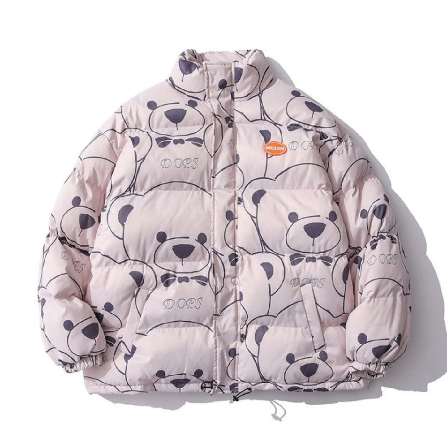 Lotus Pink Root Bear Pattern Puffer Jacket - Side-by-Side Display with Unique Bear Print