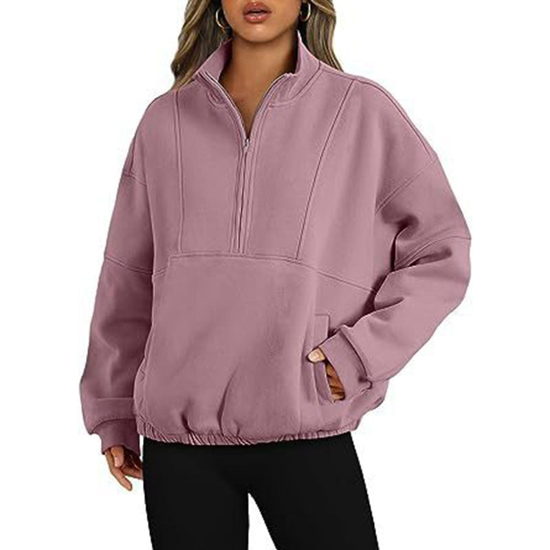 Pull de sport décontracté pour femme avec poche zippée et col montant et manches longues