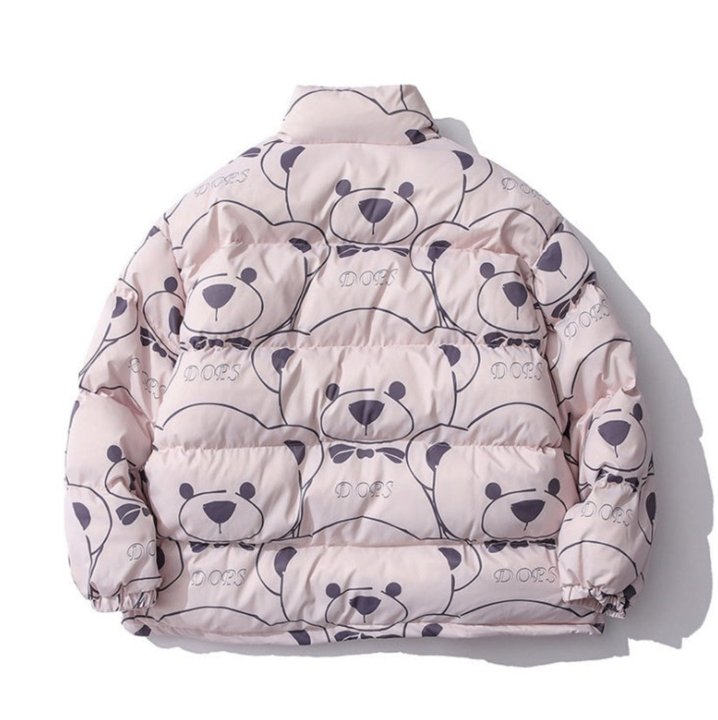 Lotus Pink Root Bear Pattern Puffer Jacket - Front View with Detailed Design