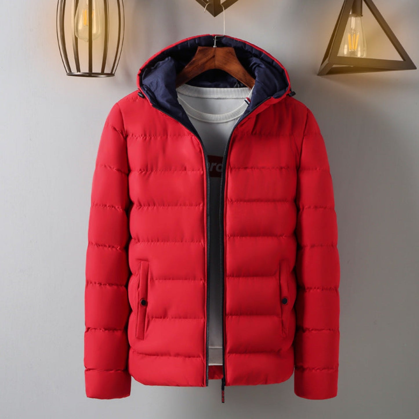 Casual cotton jacket in red on displayed on hanger