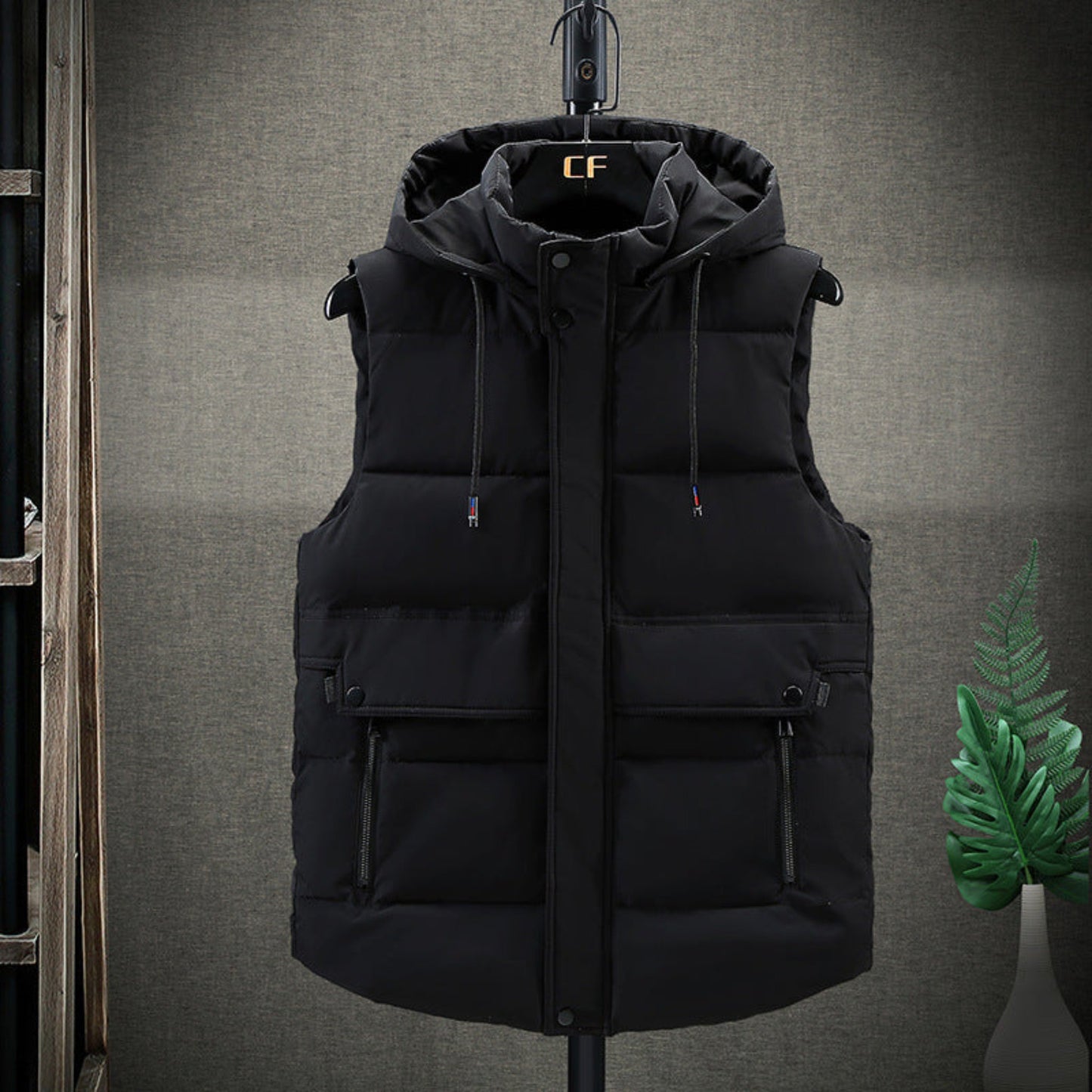 Front-facing view of black men’s hooded down vest with hood and multiple storage pockets