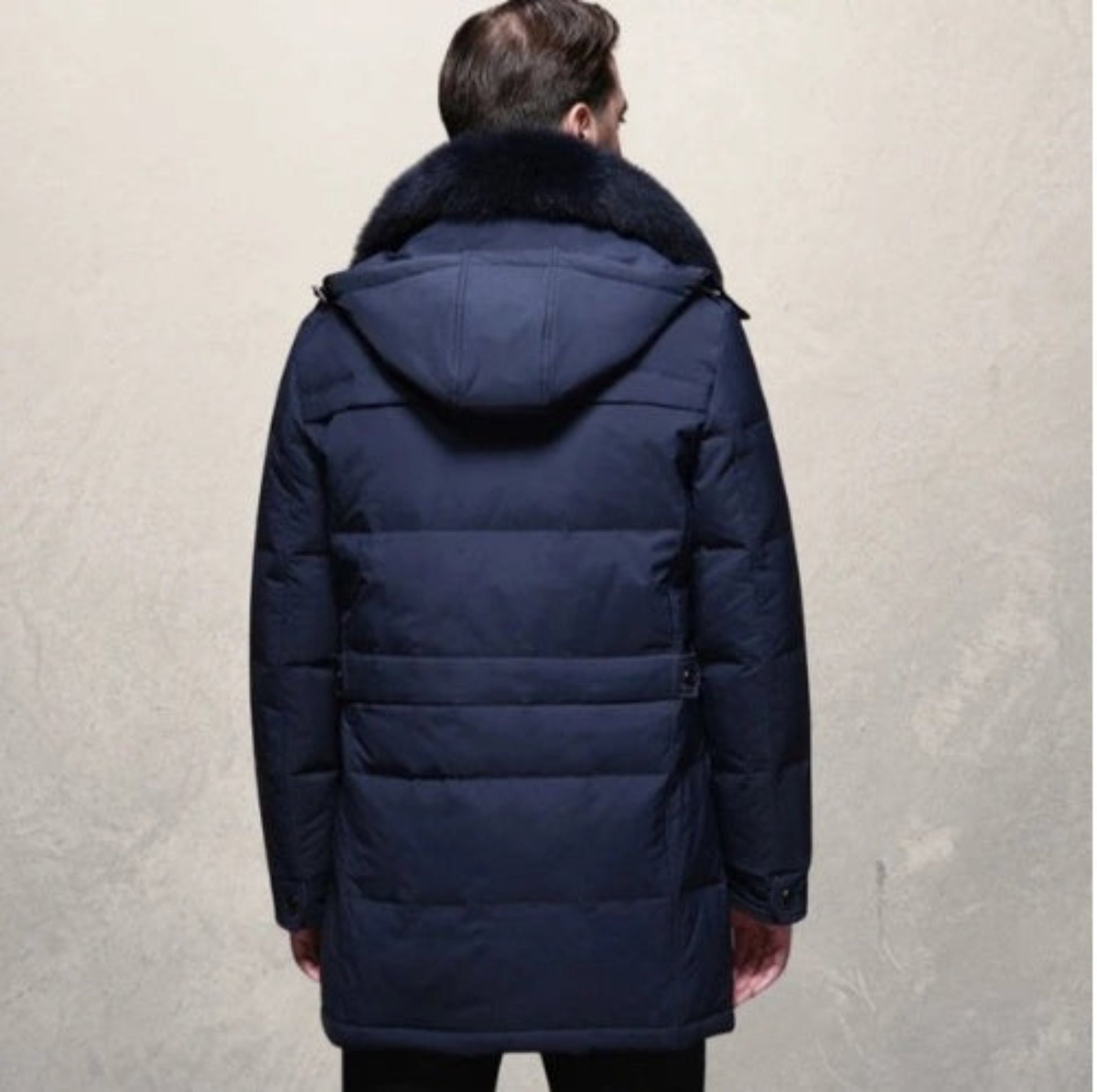 Men's Classic Winter Down Jacket - Navy Color Rear View with Hood Down