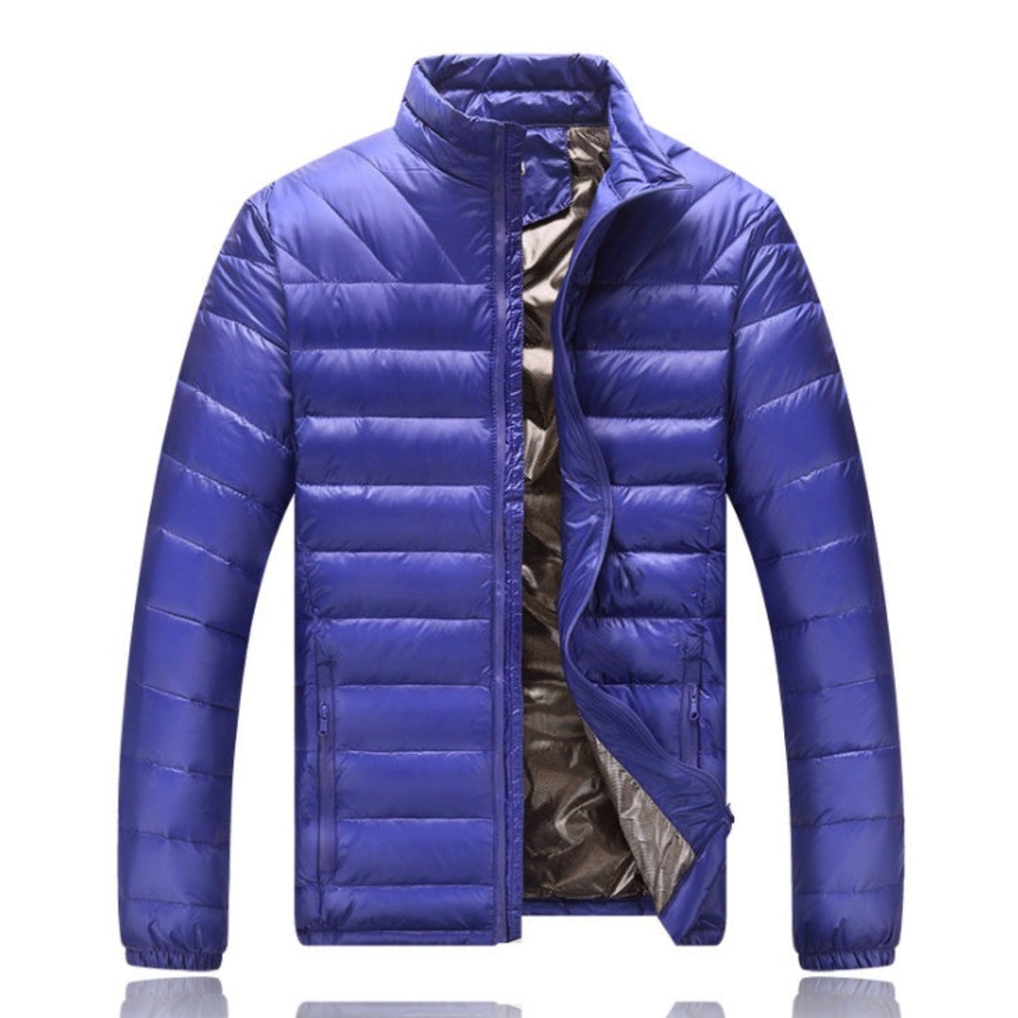 Front view of a lightweight royal blue puffer jacket with an open zipper showing the inner lining.