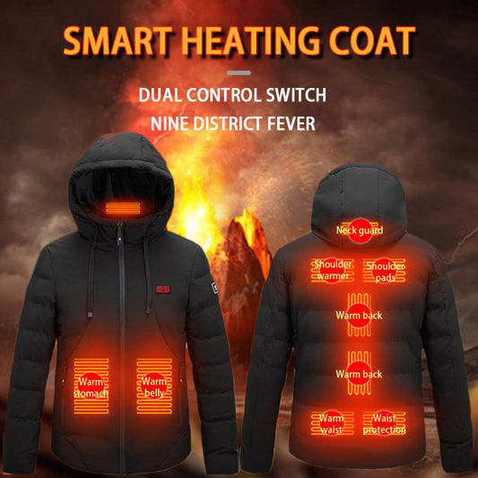 Front view of the heated winter jacket with illuminated heating zones and bold "Smart Heating Coat" text.