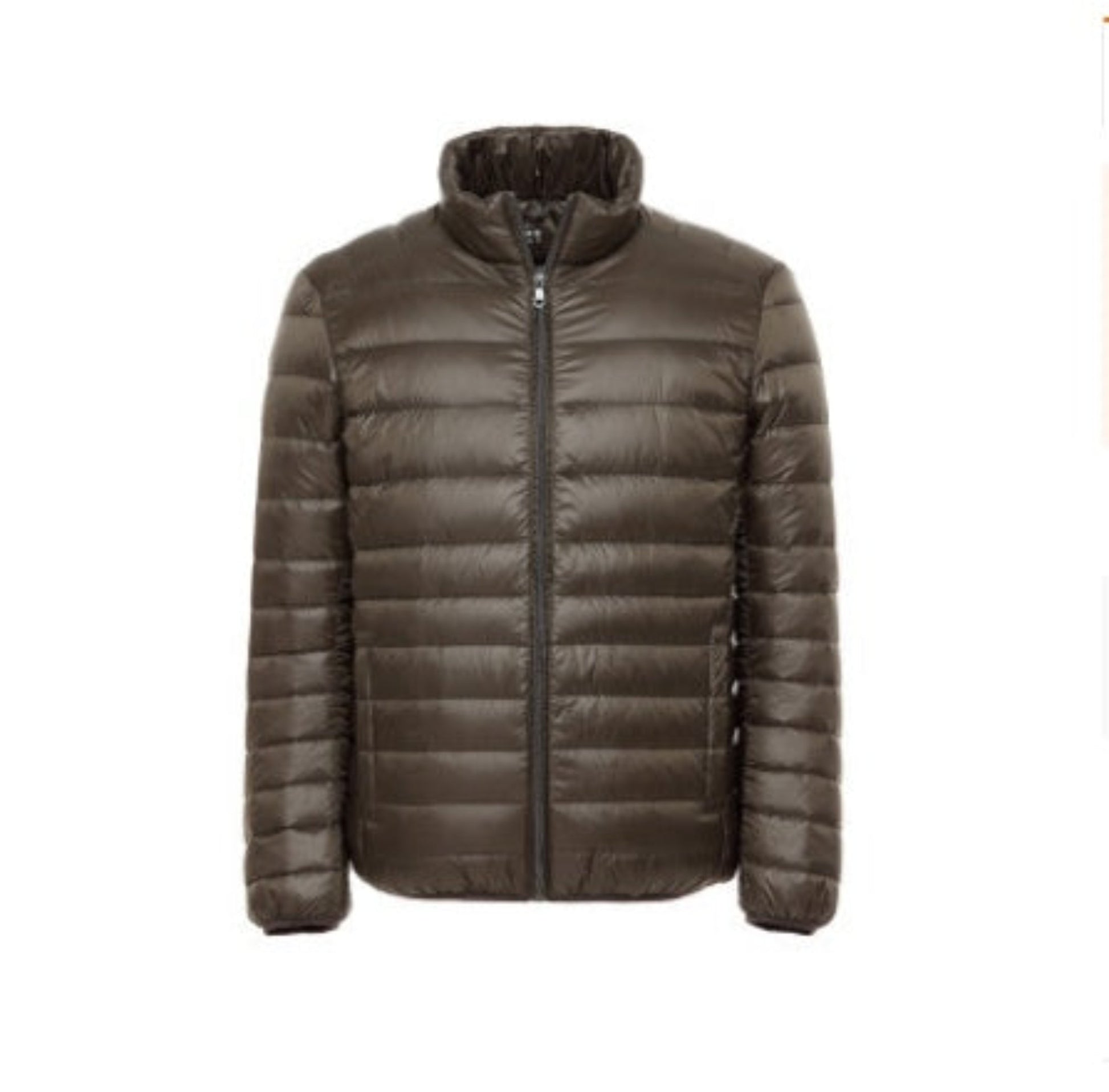 Front view of a lightweight brown puffer jacket with a high collar.