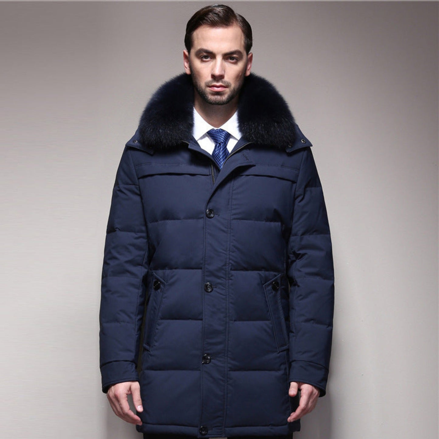 Men's Classic Winter Down Jacket - Navy Color Front View with Hooded Fur Collar