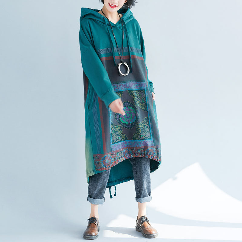 Hooded Sweater Loose Printed Long Dress Gradient Color