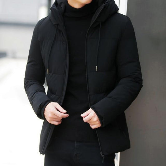 Front view of the black hooded winter jacket, showcasing sleek design and zippered closure.