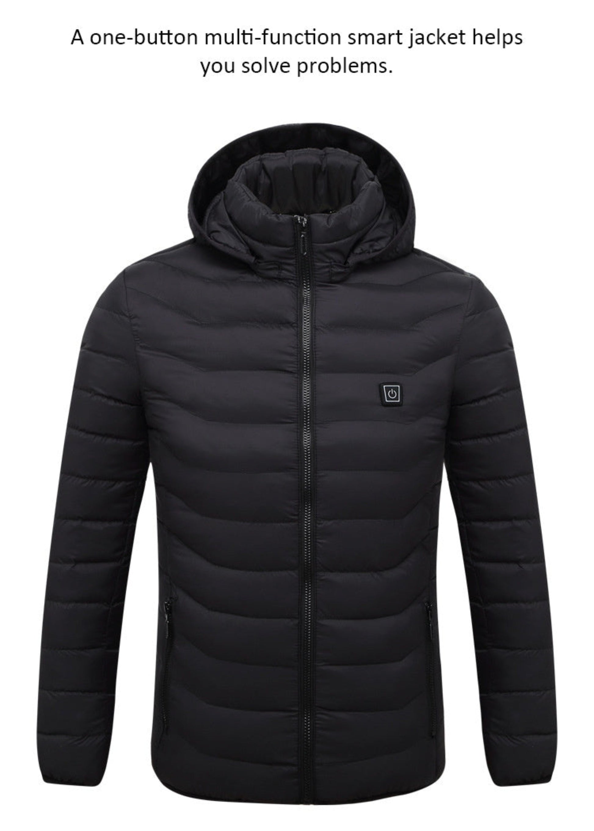 Black Heating Smart Jacket - Front View with Hood