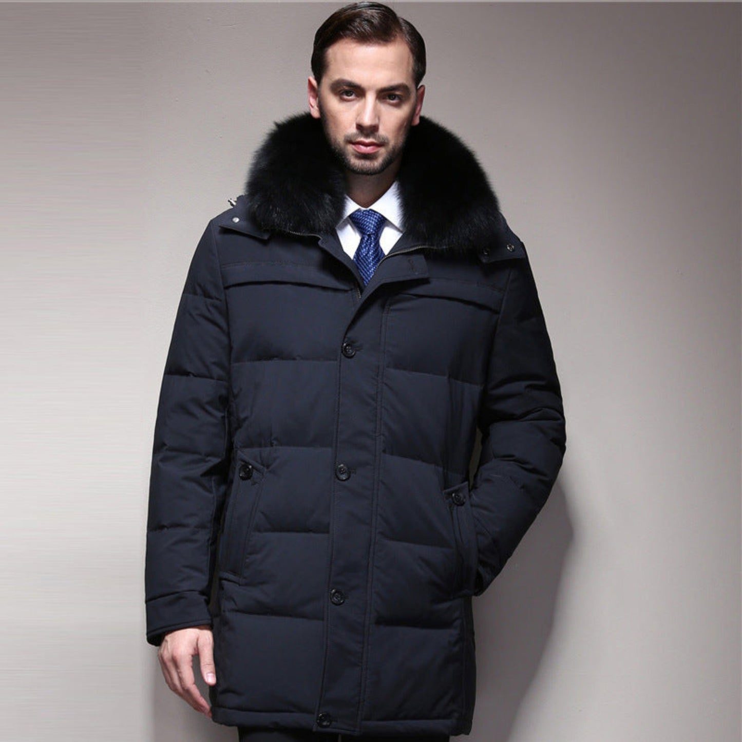 Men's Classic Winter Down Jacket - Navy Color Front View with Hooded Fur Collar