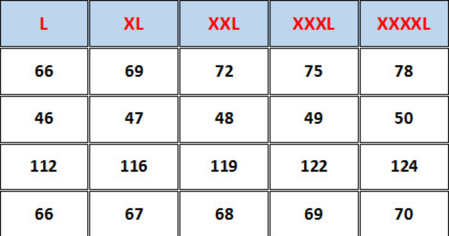 A size chart showing measurements for L, XL, XXL, XXXL, and XXXXL sizes in the puffer jacket collection.