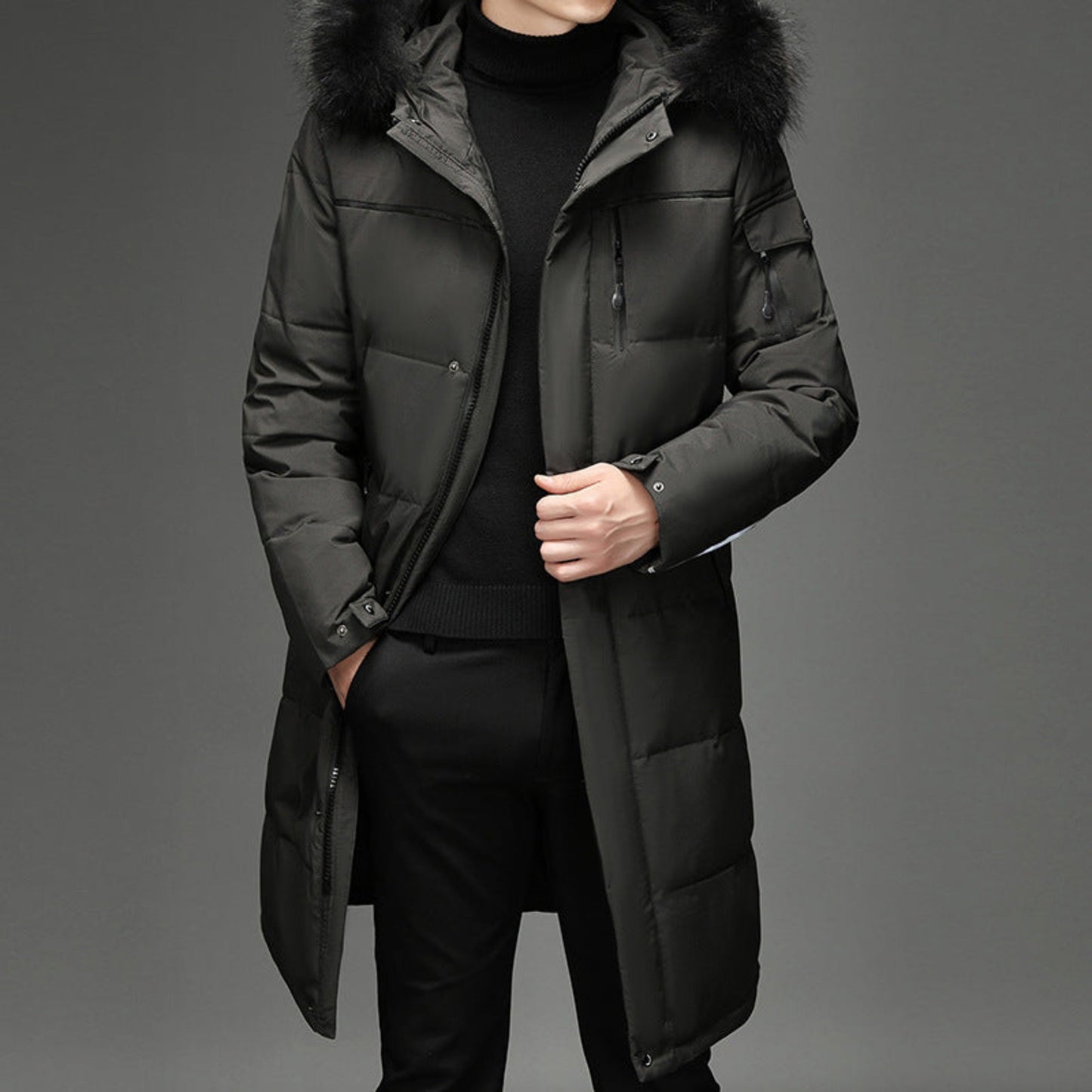 Men's Long Winter Coat with Faux Fur Collar - Versatile and Durable Outerwear