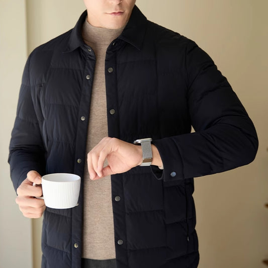 Men's Black Padded Winter Jacket - Front View with Coffee Cup