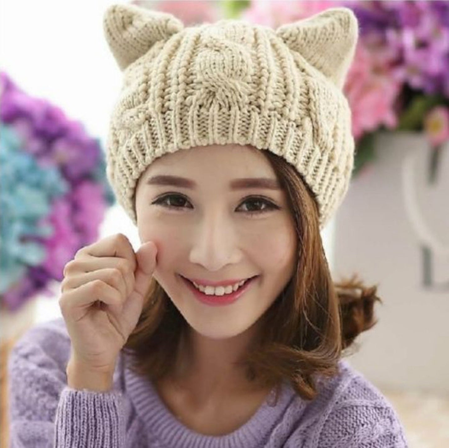 3D knitted cat ear beanie