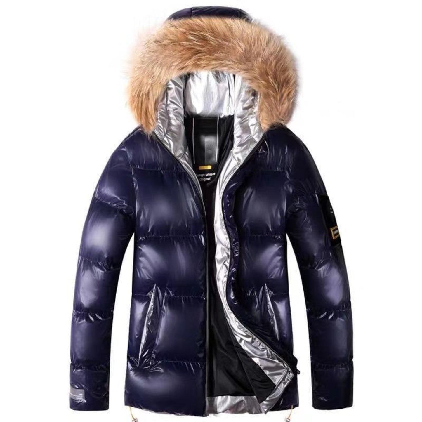 Elegant Fur-Collar Winter Jacket - Blue Front Profile