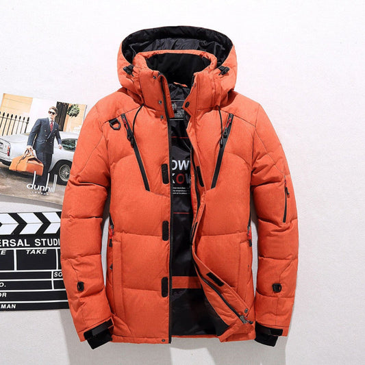 Front view of vibrant orange youth winter coat with attached hood