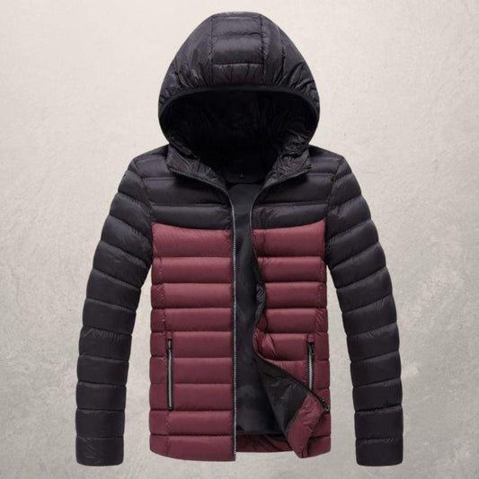 Burgundy and black hooded winter jacket with a padded exterior, displayed partially open.